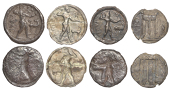 Greek Coinages, Bruttium, Kaulonia, Nomoi (3), 530-500, Apollo walking right, holding branch behind head, small...