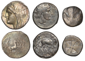 Greek Coinages, Sicily, Katane, Tetradrachm, 435-412, charioteer driving slow quadriga right, rev. head of Apollo...