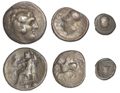 Greek Coinages, Akarnania, Leukas, Stater, 375-350, Pegasos flying left, rev. helmeted head of Athena left, vine...