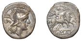 Anonymous, silver Sestertius, c. 211-208, helmeted head of Roma right, ii s behind, rev. Dioscuri riding right, roma...