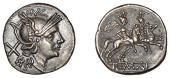 Anonymous, Denarius, 211-208, head of Roma right wearing winged helmet, rev. Dioscuri riding right, roma below...