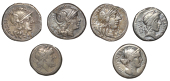 Anonymous, Denarius, 211-208, head of Roma right wearing winged helmet, rev. Dioscuri riding right, 3.78g (Craw....