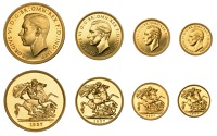 George VI (1936-1952), Proof set, 1937, comprising Five Pounds, Two Pounds, Sovereign and Half-Sovereign (S PS15)...