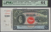 Banco Nacional Ultramarino, Angola, printers archival specimen 5 Mil Reis, 1 March 1909, serial number range 215001...