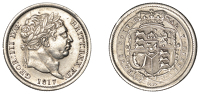 George III (1760-1820), New coinage, Shilling, 1817, broken b in britt, i over s in honi (ESC 2147; S 3790)....