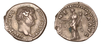 Roman Imperial Coinage, Hadrian, Denarius, c. 136, bare-headed bust right, rev. Moneta standing left, holding scales...