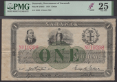 Government of Sarawak, $1, 1 July 1919, serial number 19398, vignette of Charles Vyner Brooke at top left, arms top...