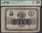 Government of Sarawak, $5, 21 September 1918, serial number 2234, Charles Vyner Brooke at top left, arms at top...