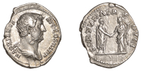 Roman Imperial Coinage, Hadrian, Denarius, 133-5, bare-headed draped bust right, rev. Hadrian standing right,...