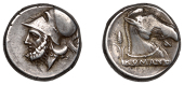Roman Republican Coinage, Anonymous, Didrachm, Neapolis (?), c. 300-276, helmeted head of Mars left, rev. horse’s...