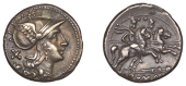 Roman Republican Coinage, Anonymous, Denarius, 211-208, head of Roma right wearing winged helmet, x behind, rev....
