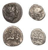 Roman Republican Coinage, Anonymous, Quinarius, head of Roma right wearing winged helmet, v behind, rev. Dioscuri...