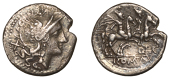 Roman Republican Coinage, Q. Lutatius Catulus or Cerco, Denarius, c. 206-200, helmeted head of Roma right, rev....