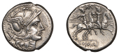 Roman Republican Coinage, Cn. Baebius Tamphilus, Denarius, c. 194-190, helmeted head of Roma right, rev. the...