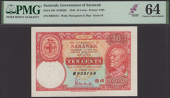 Government of Sarawak, 10 Cents, 1 August 1940, serial number B939154, red, pale orange and blue, Trechman...