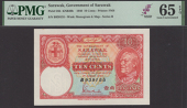 Government of Sarawak, 10 Cents, 1 August 1940, serial number B939155, red, pale orange and blue, Trechman...