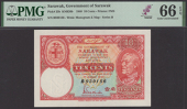 Government of Sarawak, 10 Cents, 1 August 1940, serial number B939156, red, pale orange and blue, Trechman...