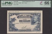 Government of Sarawak, obverse and reverse die proofs for $1, 1 July 1929, no serial number, blue, Rennie signature,...