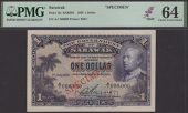 Government of Sarawak, specimen $1, 1 July 1929, serial number A/1 000000, Charles Vyner Brooke at top right, palm...