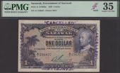Government of Sarawak, cancelled $1, 1 July 1929, serial number A/1 256857, violet and multicoloured, Charles Vyner...