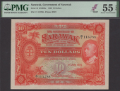 Government of Sarawak, $10, 1 July 1929, serial number C/1 113788, red and pale pink, lilac and green, vignette of...
