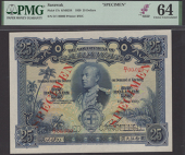 Government of Sarawak, specimen $25, 1 July 1929, serial number D/1 00000, blue and multicoloured, vignette of...