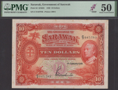 Government of Sarawak, $10, 1 January 1940, serial number C/3 047783, red and multicoloured, vignette of Charles...