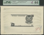 Republic of Singapore, obverse and reverse die proofs for a proposed issue of 5 Ringgit, ND (1966), black, arms at...