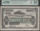 British North Borneo Company, $25, 1 December 1926, red serial number C41428, black and green, Mount Kinabalu at top...