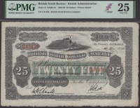 British North Borneo Company, $25, 1 December 1926, red serial number C41428, black and green, Mount Kinabalu at top...