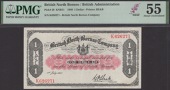 British North Borneo Company, $1, 1 July 1940, red serial number K626271, black and red, arms of Borneo at top...