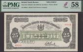 British North Borneo Company, specimen $25, 1 January 1942, red serial number 0000A, black and green, Mount Kinabalu...