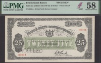 British North Borneo Company, specimen $25, 1 January 1942, red serial number 0000A, black and green, Mount Kinabalu...