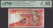 Bank Negara Malaysia, specimen 10 Ringgit, ND (1989), serial number PV0000000, red and multicoloured, Tunku Abdul...