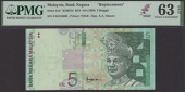 Bank Negara Malaysia, replacement 5 Ringgit, ND (1999), serial number ZA0124606, green and lilac, Tunku Abdul Rahman...