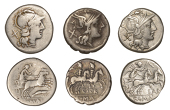 Roman Republican Coinage, Denarii (3), Anonymous, c. 179-170, helmeted head of Roma right, x behind, rev. Diana (or...