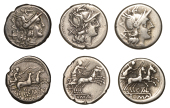 Roman Republican Coinage, Denarii (3), Anonymous, c. 157-155, helmeted head of Roma right, x behind, rev. Victory in...