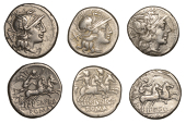 Roman Republican Coinage, Denarii (3), Pub. Sulla, c. 151, helmeted head of Roma right, rev. Victory in biga right,...