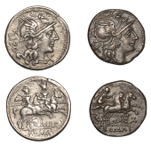 Roman Republican Coinage, Denarii (2), Pinarius Natta, c. 149, helmeted head of Roma right, x behind, rev. Victory...
