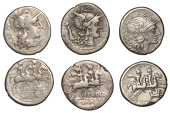 Roman Republican Coinage, Denarii (3), M. Atilius Saranus, c. 148, helmeted head of Roma right, saran behind, x...