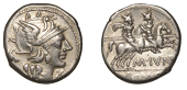 Roman Republican Coinage, M. Junius Silanus, Denarius, c. 145, helmeted head of Roma right, ass’s head behind, x...