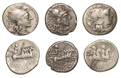 Roman Republican Coinage, Denarii (3), L. Cupiennius, c. 147, helmeted head of Roma right, cornucopiæ behind, x...