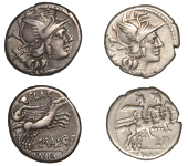 Roman Republican Coinage, Denarii (2), L. Julius, c. 141, helmeted head of Roma right, xvi behind, rev. Dioscuri...