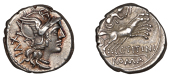 Roman Republican Coinage, C. Titinius, Denarius, c. 141, helmeted head of Roma right, xvi head behind, rev. Victory...