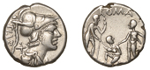 Roman Republican Coinage, Ti. Veturius, Denarius, c. 137, helmeted head of Mars right, x and ti ve[t] behind, rev....