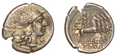 Roman Republican Coinage, L. Antestius Dragulus, Denarius, c. 136, helmeted head of Roma right, grag behind, x below...