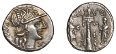 Roman Republican Coinage, C. Augurinus, Denarius, c. 135, helmeted head of Roma right, roma behind, x below chin,...