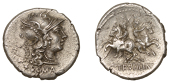 Roman Republican Coinage, C. Servilius M.f., Denarius, c. 136, helmeted head of Roma right, x and wreath behind,...