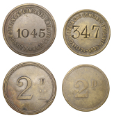 Miscellaneous Tokens and Checks, Co DUBLIN, Dublin, Alliance & Dublin Gas Co Employees Club, brass Twopences (2),...
