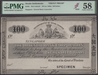 Oriental Bank Corporation, Singapore, obverse proof $100, ND (1860s), no serial number, black, arms top centre...